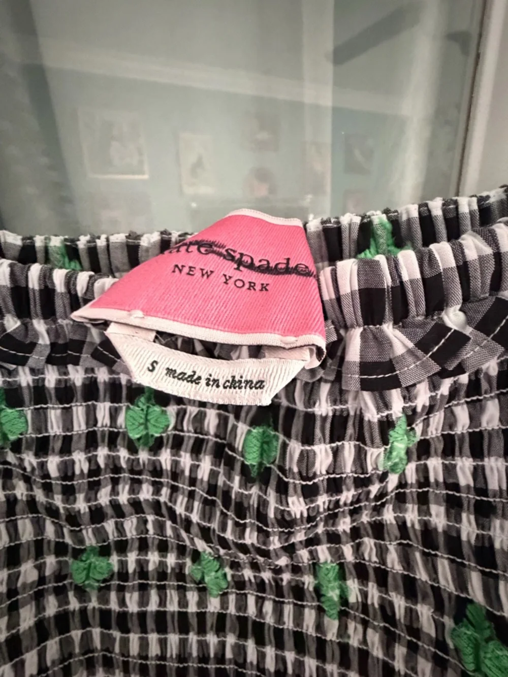 NWOT kate spade Black & White Gingham Midi Dress with Green Floral Clover detail - Picture 3 of 4